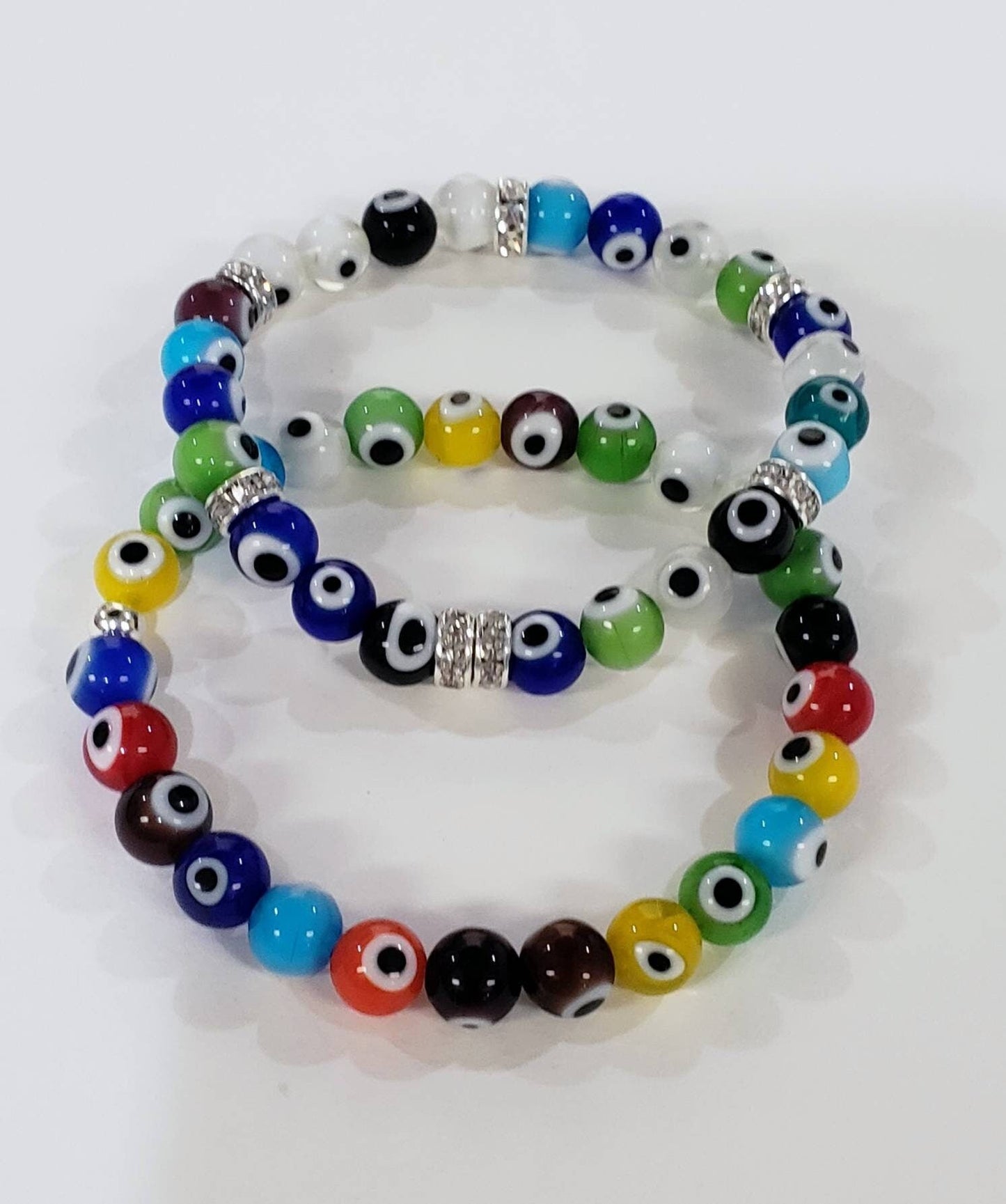 Evil Eye 8mm round protection Bracelet, stretchy with rhinestones roundel or without rhinestone. Man&#39;s woman gift, Chakra