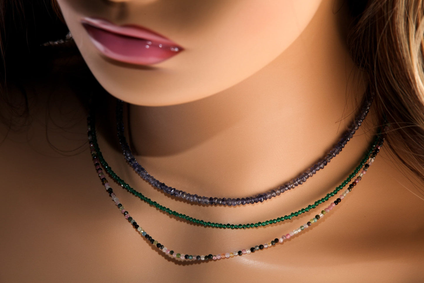 3-3.5mm Faceted Iolite, Emerald Spinel, Multi Watermelon Tourmaline Layering Choker 925 Sterling Silver Necklace, Precious Gemstones