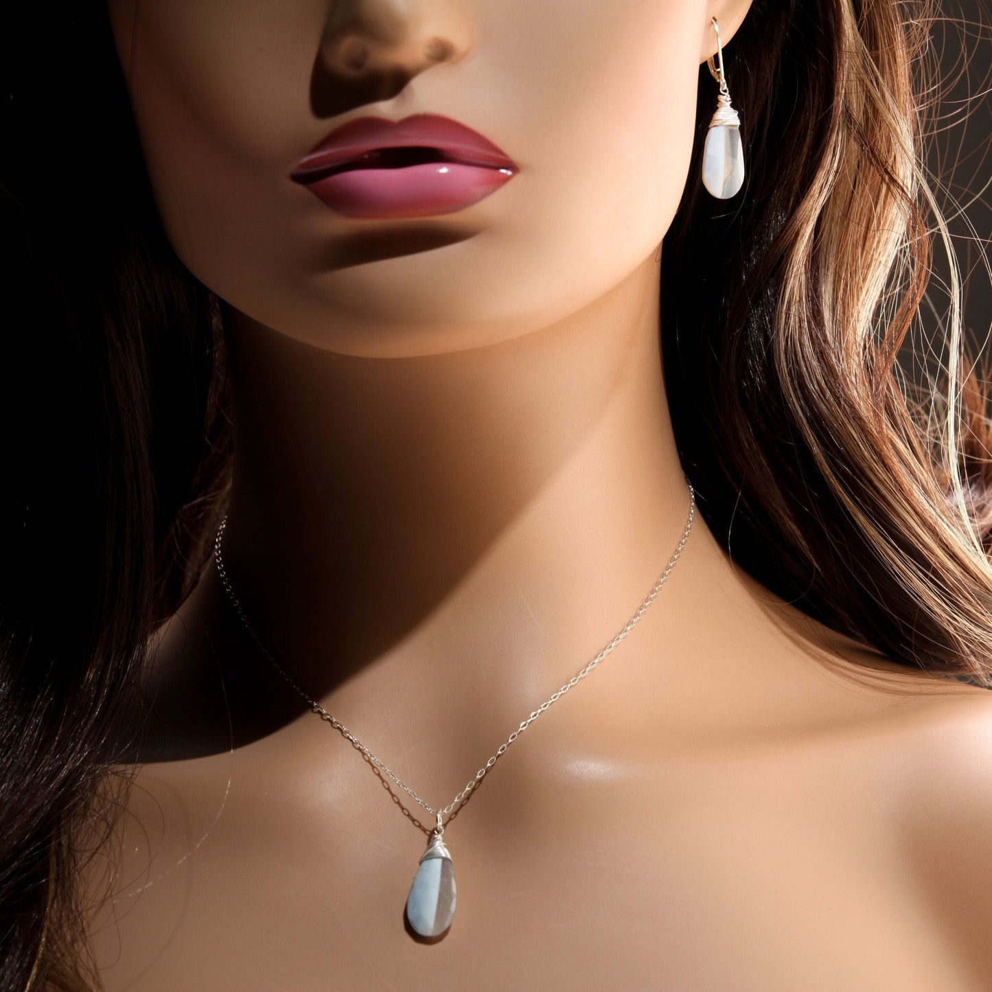 Bio Opal Pendant and Earring long faceted drop, high quality Natural Opal Jewelry Set in 925 Sterling Silver, chain in sizes .