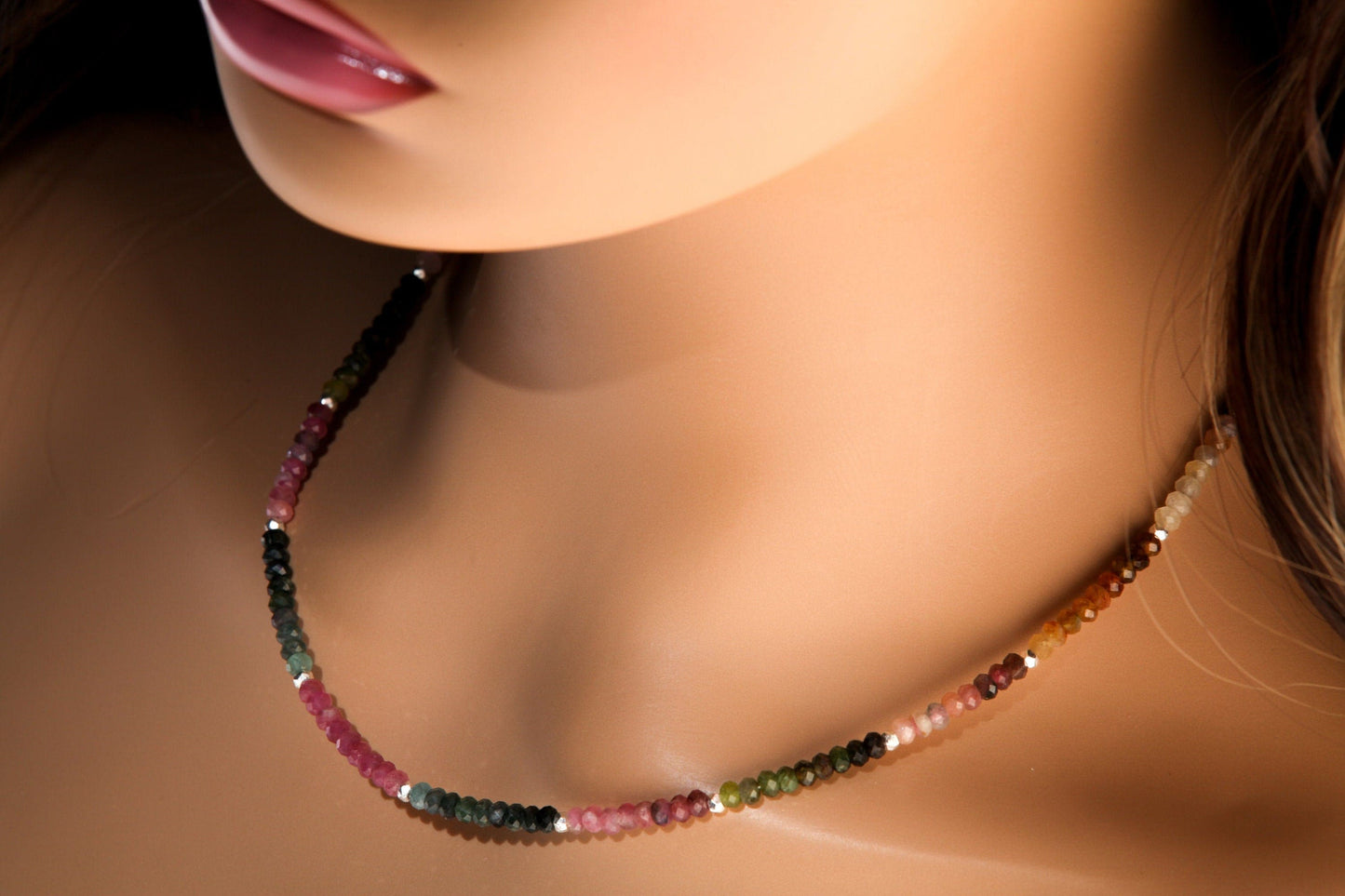 Natural Multi Watermelon Tourmaline 4mm Faceted Rondelle Necklace in 925 Sterling Silver Clasp, Healing, Energy, Chakra, Precious Gift