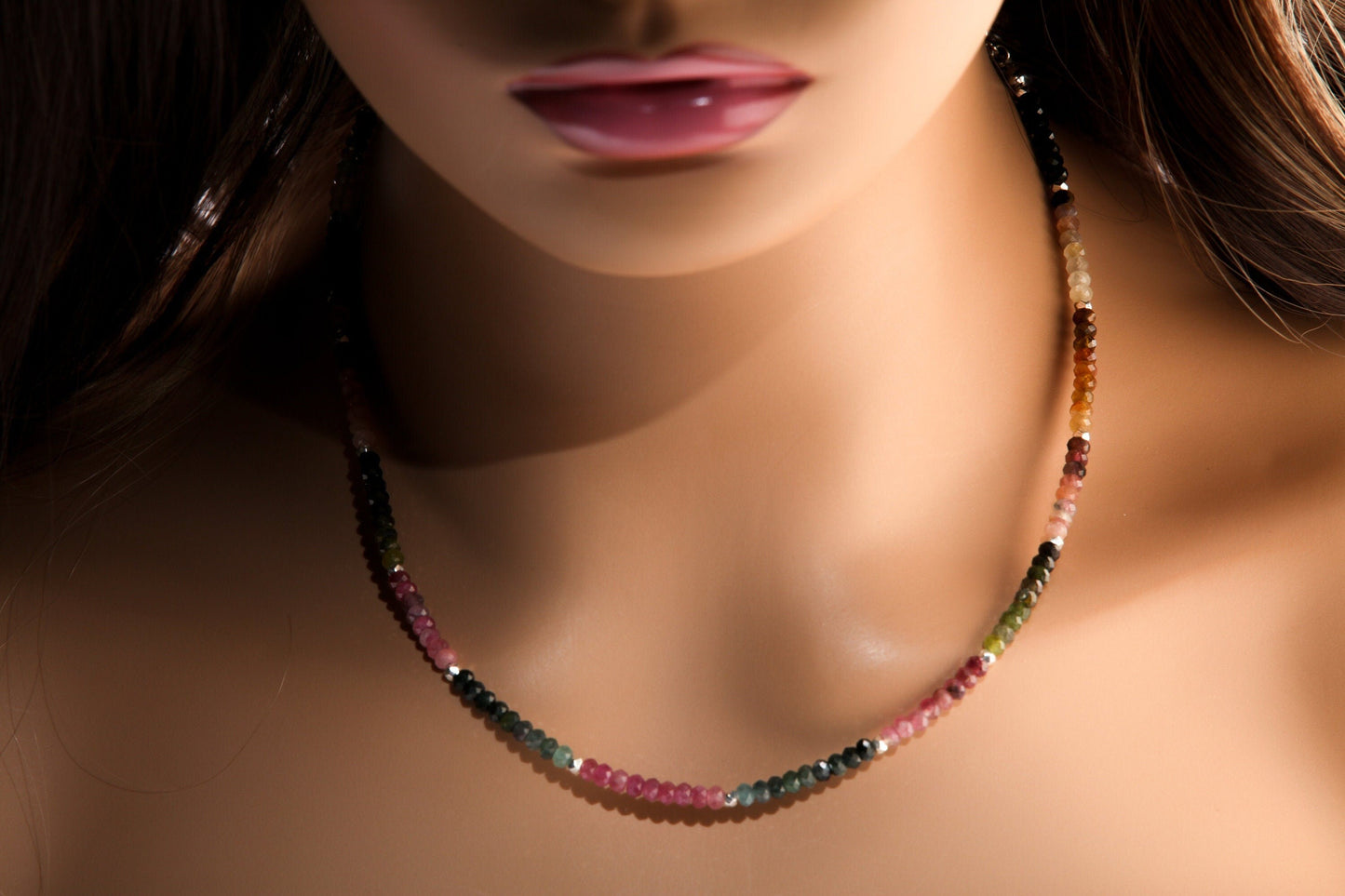 Natural Multi Watermelon Tourmaline 4mm Faceted Rondelle Necklace in 925 Sterling Silver Clasp, Healing, Energy, Chakra, Precious Gift