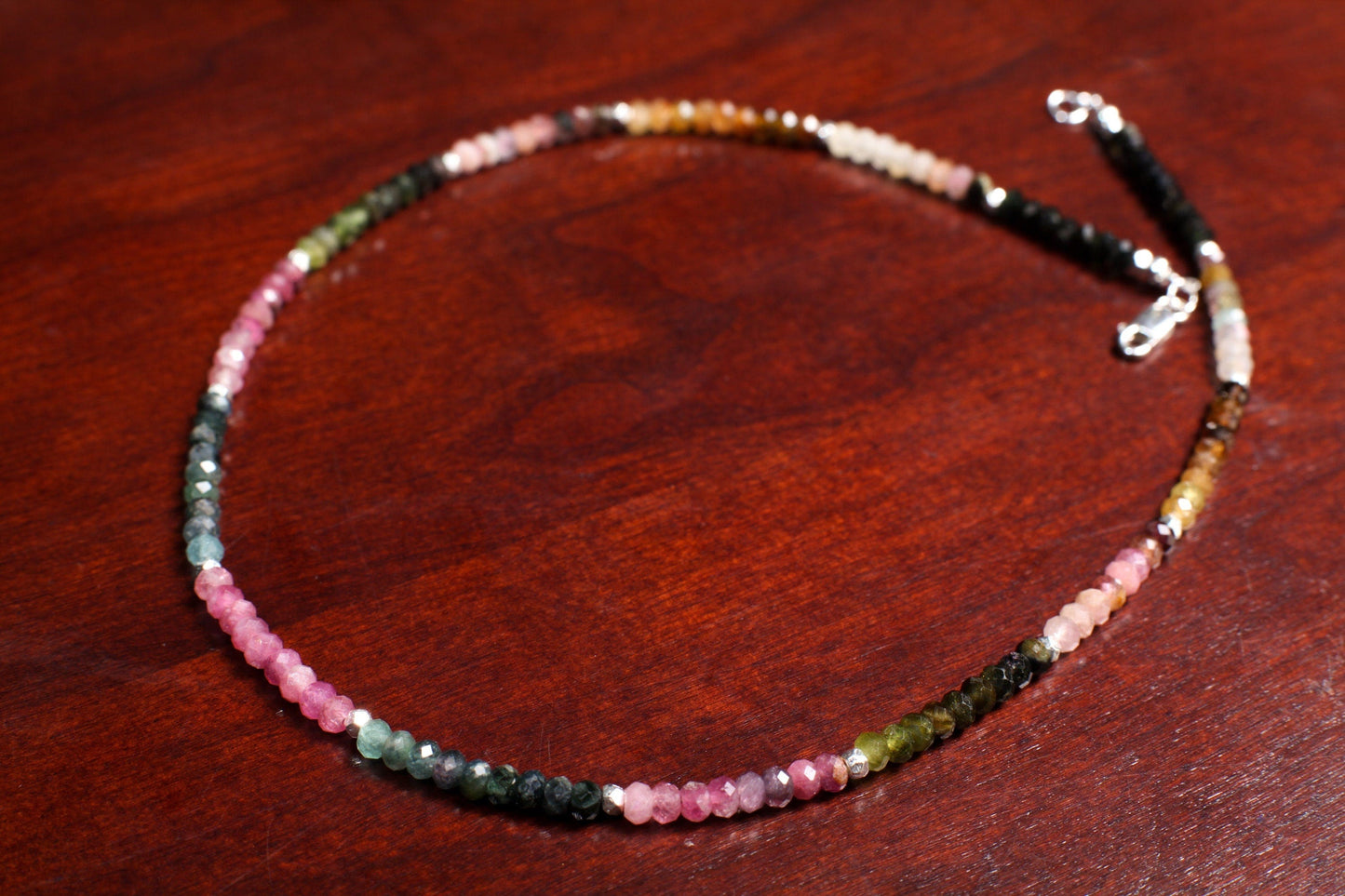 Natural Multi Watermelon Tourmaline 4mm Faceted Rondelle Necklace in 925 Sterling Silver Clasp, Healing, Energy, Chakra, Precious Gift