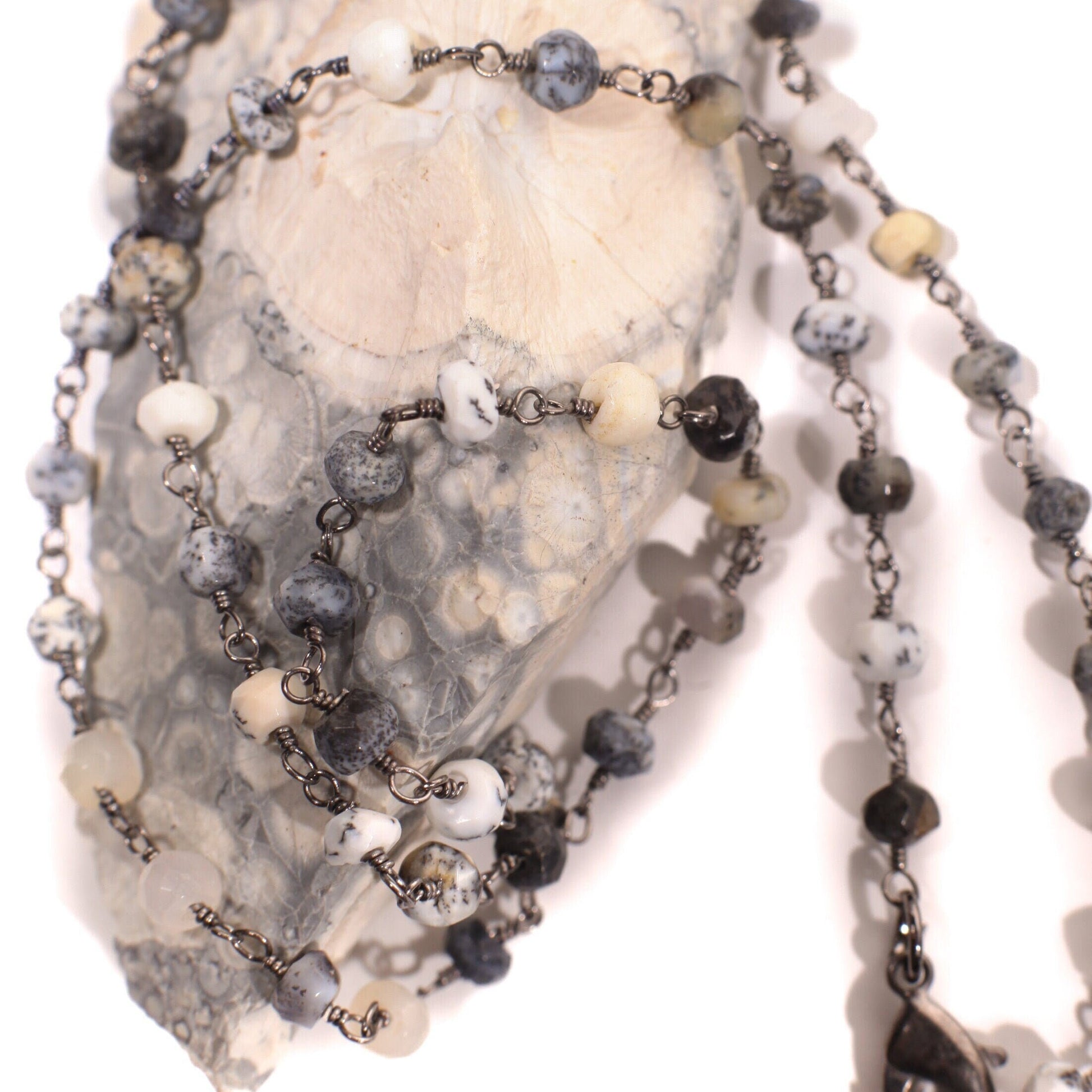 Natural Dendritic Opal, Silver Oxidized Faceted Natural Opal 4mm Chain High Quality Layering, Choker, Layering Finished Necklace with Clasp