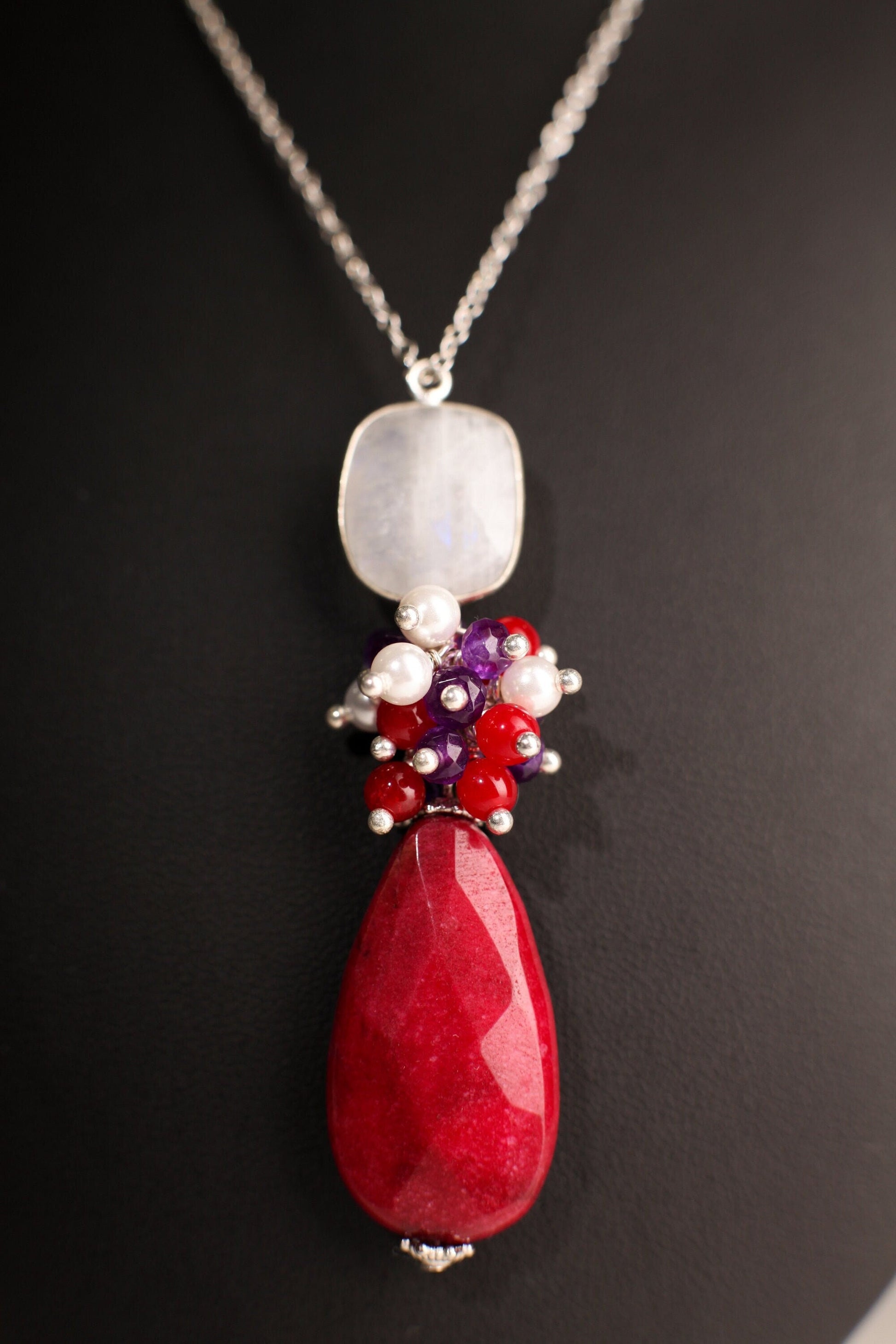 Rainbow Moonstone Bezel, Ruby Jade Long Teardrop 15x30mm , Pearl, Ruby Quartz, Amethyst Clusters Wire Wrapped 925 Sterling silver Necklace