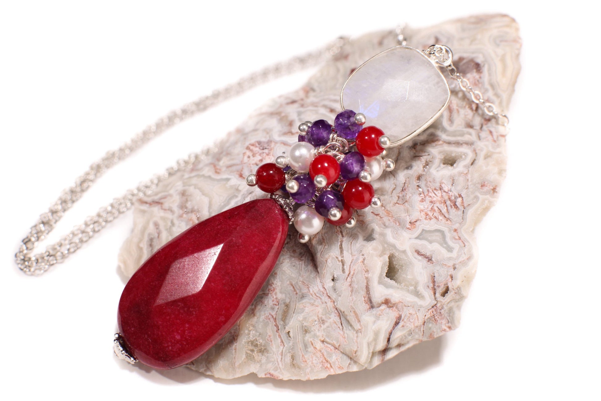 Rainbow Moonstone Bezel, Ruby Jade Long Teardrop 15x30mm , Pearl, Ruby Quartz, Amethyst Clusters Wire Wrapped 925 Sterling silver Necklace