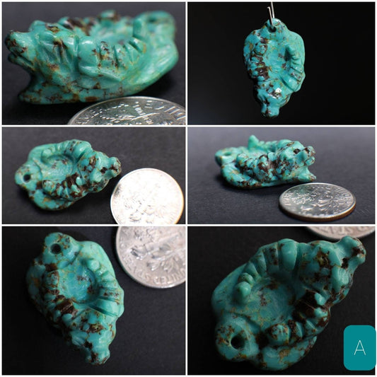 Natural Turquoise Hand Crafted Bull Long Horn Charm, Top Drilled, Miniature Animals Collectible Figurines Vintage Sculpture, Old Stock