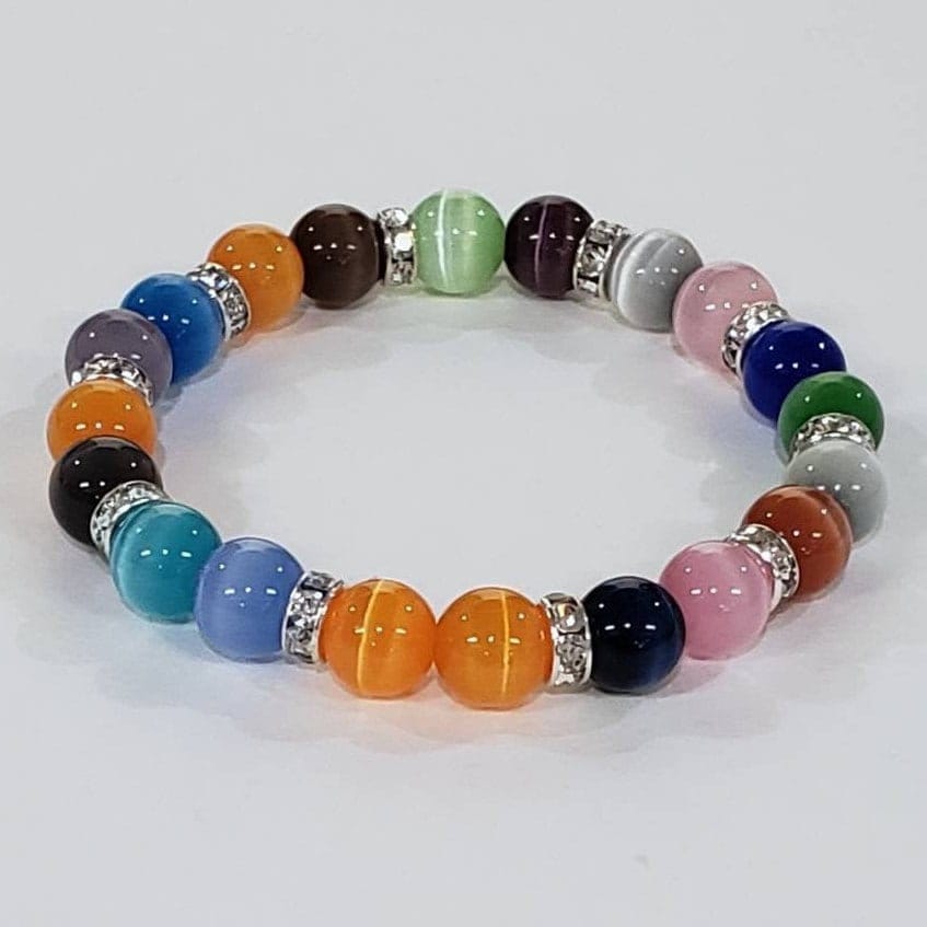 Multi color Cat's Eye 8mm round stretchy 6" bracelets with rhinestone sparkly roundel. Beautiful summer Beach Boho summer gift for her