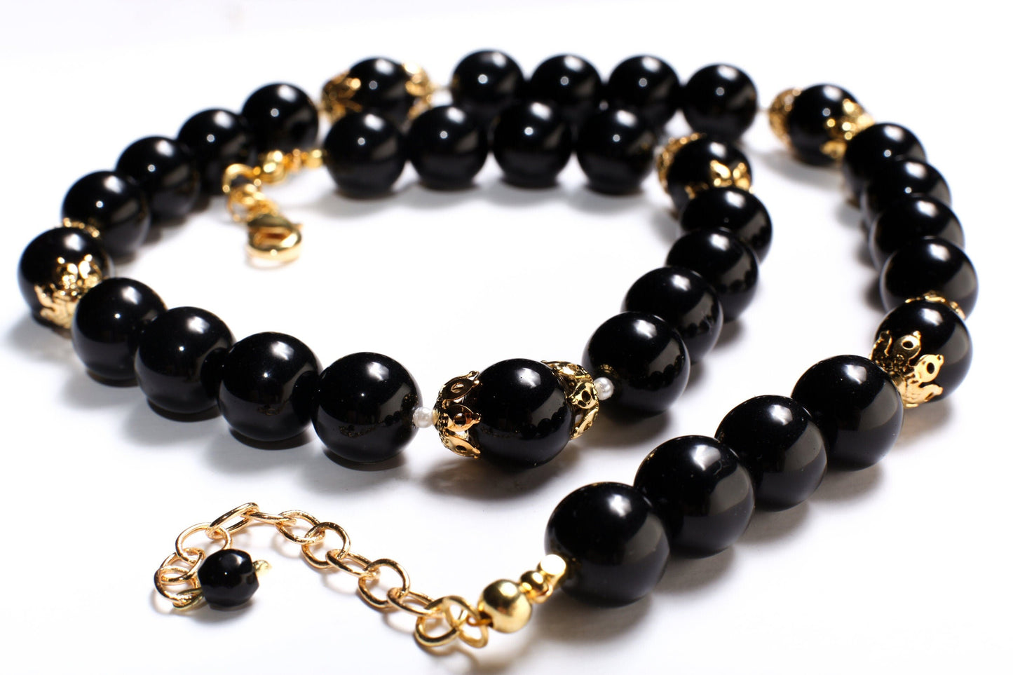 Black Onyx 12mm Round Beads with Freshwater Pearl Spacer Beads and 18K Gold Plated 20&quot; Necklace and 2&quot; Extension