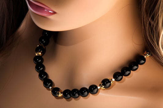 Black Onyx 12mm Round Beads with Freshwater Pearl Spacer Beads and 18K Gold Plated 20&quot; Necklace and 2&quot; Extension