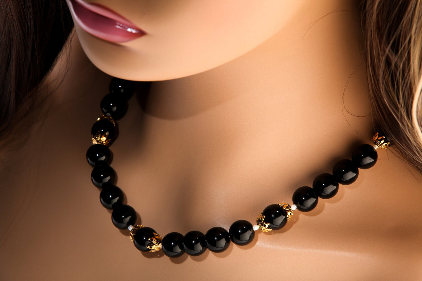 Black Onyx 12mm Round Beads with Freshwater Pearl Spacer Beads and 18K Gold Plated 20" Necklace and 2" Extension