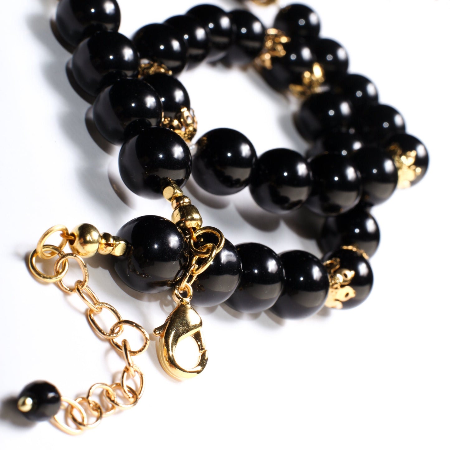 Black Onyx 12mm Round Beads with Freshwater Pearl Spacer Beads and 18K Gold Plated 20&quot; Necklace and 2&quot; Extension