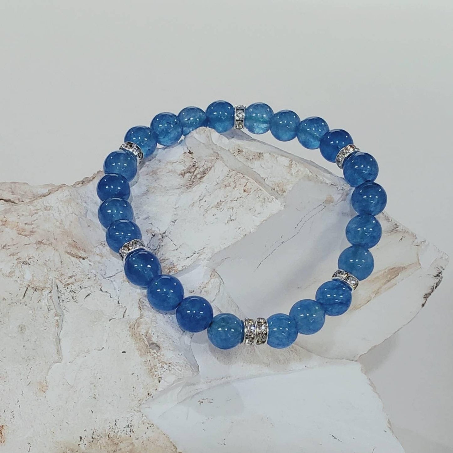 Natural Blue Quartz 8mm smooth round bead accents with sparkly rhinestones roundel stretchy Bracelet. something blue for her, gift