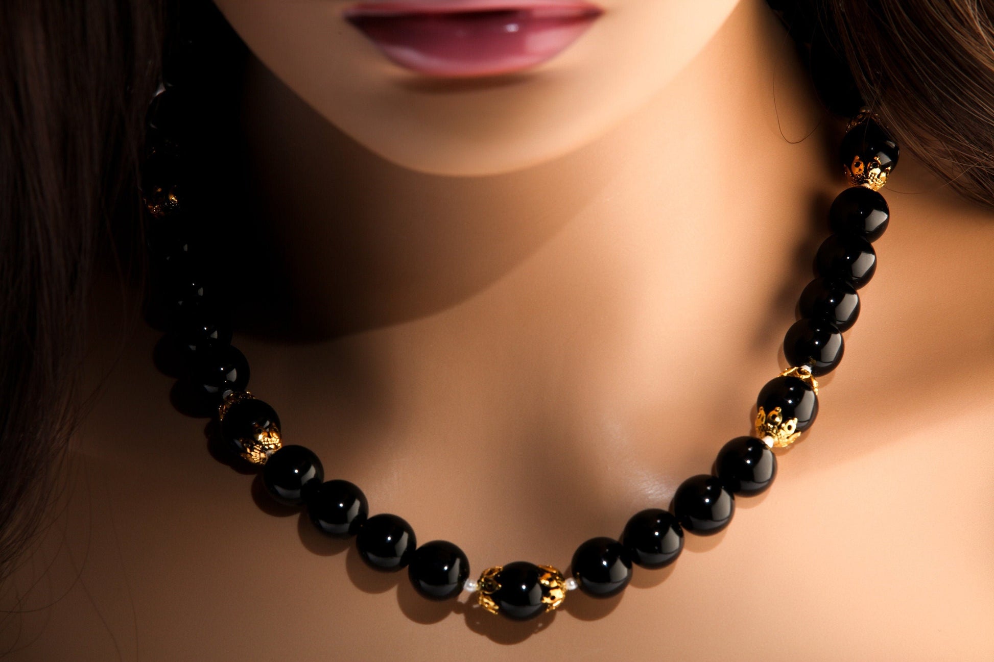 Black Onyx 12mm Round Beads with Freshwater Pearl Spacer Beads and 18K Gold Plated 20&quot; Necklace and 2&quot; Extension