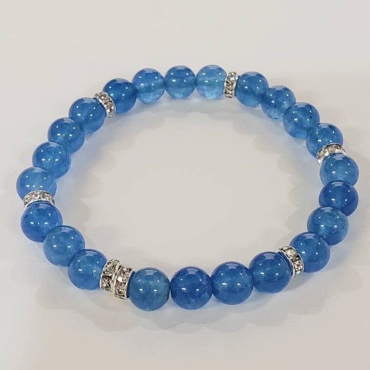 Natural Blue Quartz 8mm smooth round bead accents with sparkly rhinestones roundel stretchy Bracelet. something blue for her, gift