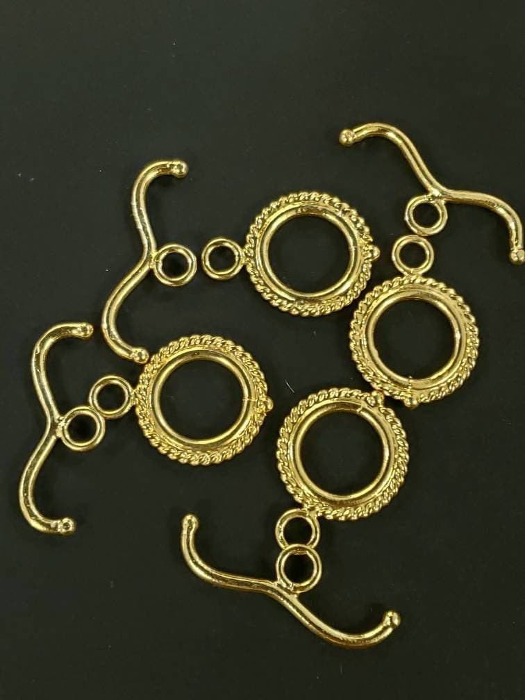 22K Gold Vermeil 925 Sterling Silver Bali fancy Toggle Clasp, 15mm circle, 26mm bar. Vintage Handmade Antique clasp, 1 set or bulk