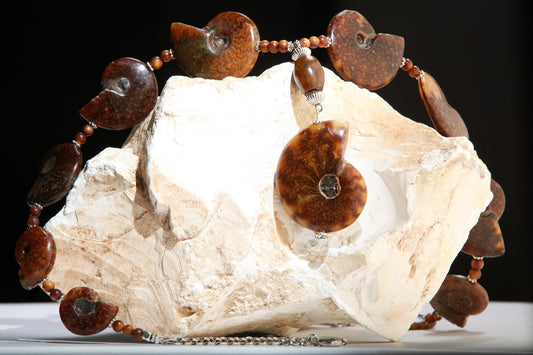 Genuine Graduated Ammonite Fossil Pendant with Soo Chow Jade Barrel, Tiger Eye Spacers, Bali Style Spacers in 22" Necklace, 4" Extension