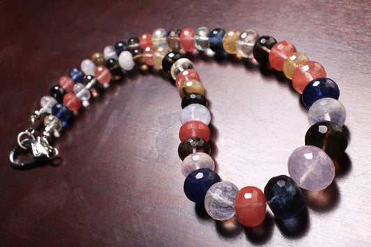 Multi Gemstone Graduated Rondel Necklace, Blueberry, Strawberry, Rutilated, Pineapple, Aqua, Smokey, Blue, Rock Crystal Quartz 20&quot; Necklace