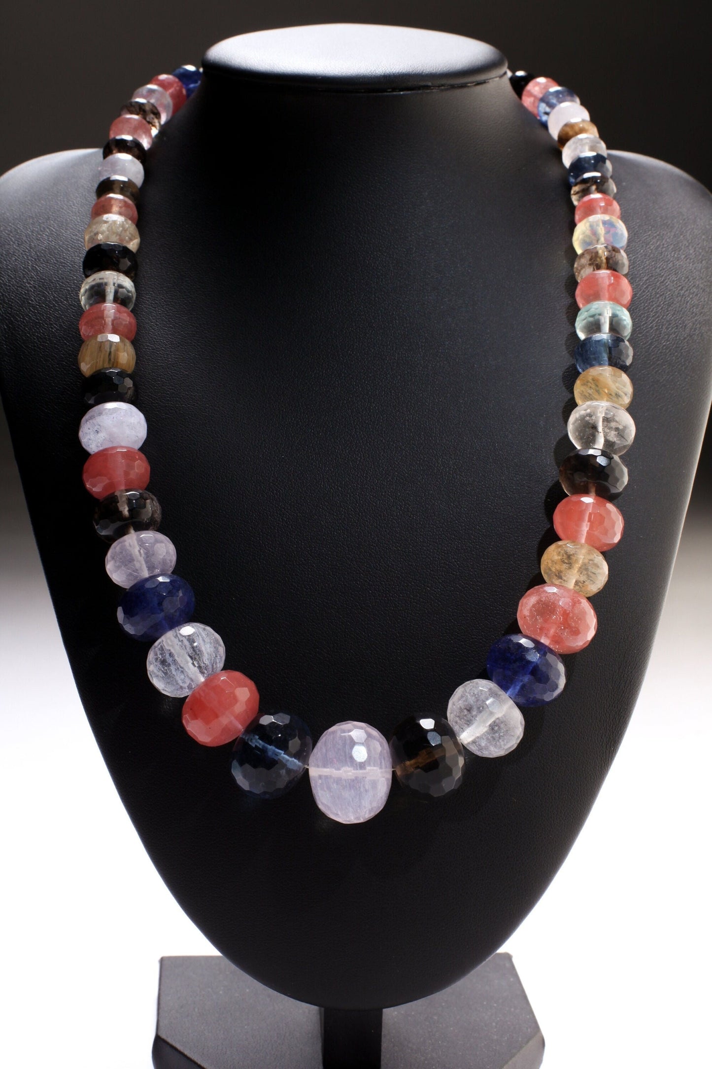 Multi Gemstone Graduated Rondel Necklace, Blueberry, Strawberry, Rutilated, Pineapple, Aqua, Smokey, Blue, Rock Crystal Quartz 20&quot; Necklace