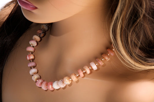 Pink Peruvian Opal Faceted Rondelle,12-14mm tyre shape Natural Gemstone in 925 Sterling Silver 19.5" Necklace and 2" Extension Chain