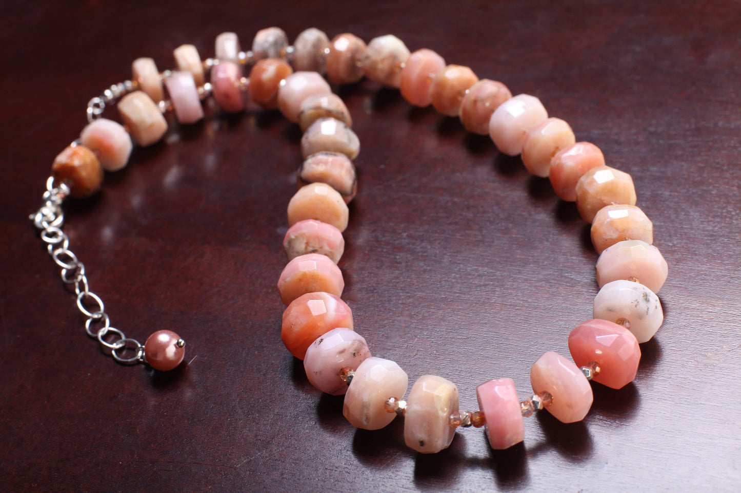 Pink Peruvian Opal Faceted Rondelle,12-14mm tyre shape Natural Gemstone in 925 Sterling Silver 19.5" Necklace and 2" Extension Chain