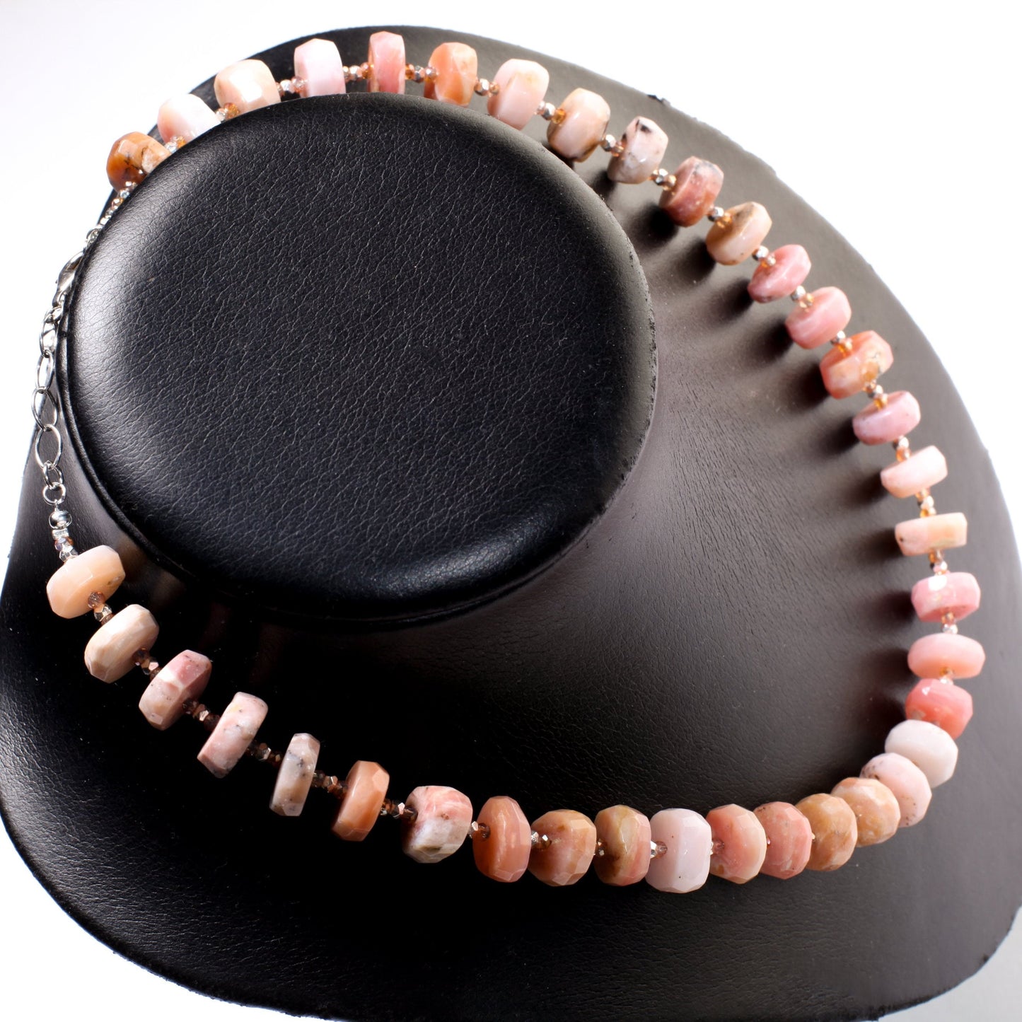 Pink Peruvian Opal Faceted Rondelle,12-14mm tyre shape Natural Gemstone in 925 Sterling Silver 19.5" Necklace and 2" Extension Chain