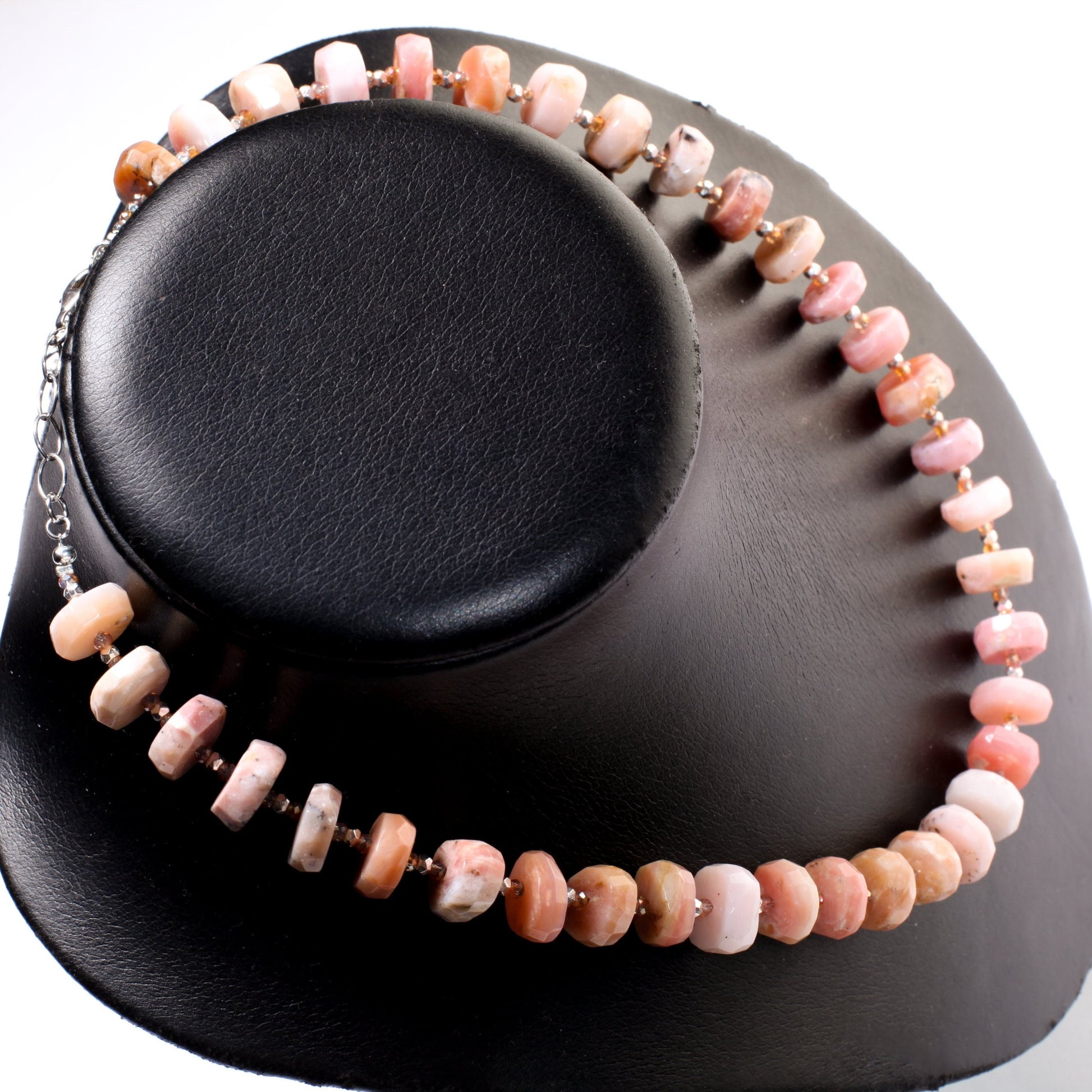 Pink Peruvian Opal Faceted Rondelle,12-14mm tyre shape Natural Gemstone in 925 Sterling Silver 19.5" Necklace and 2" Extension Chain