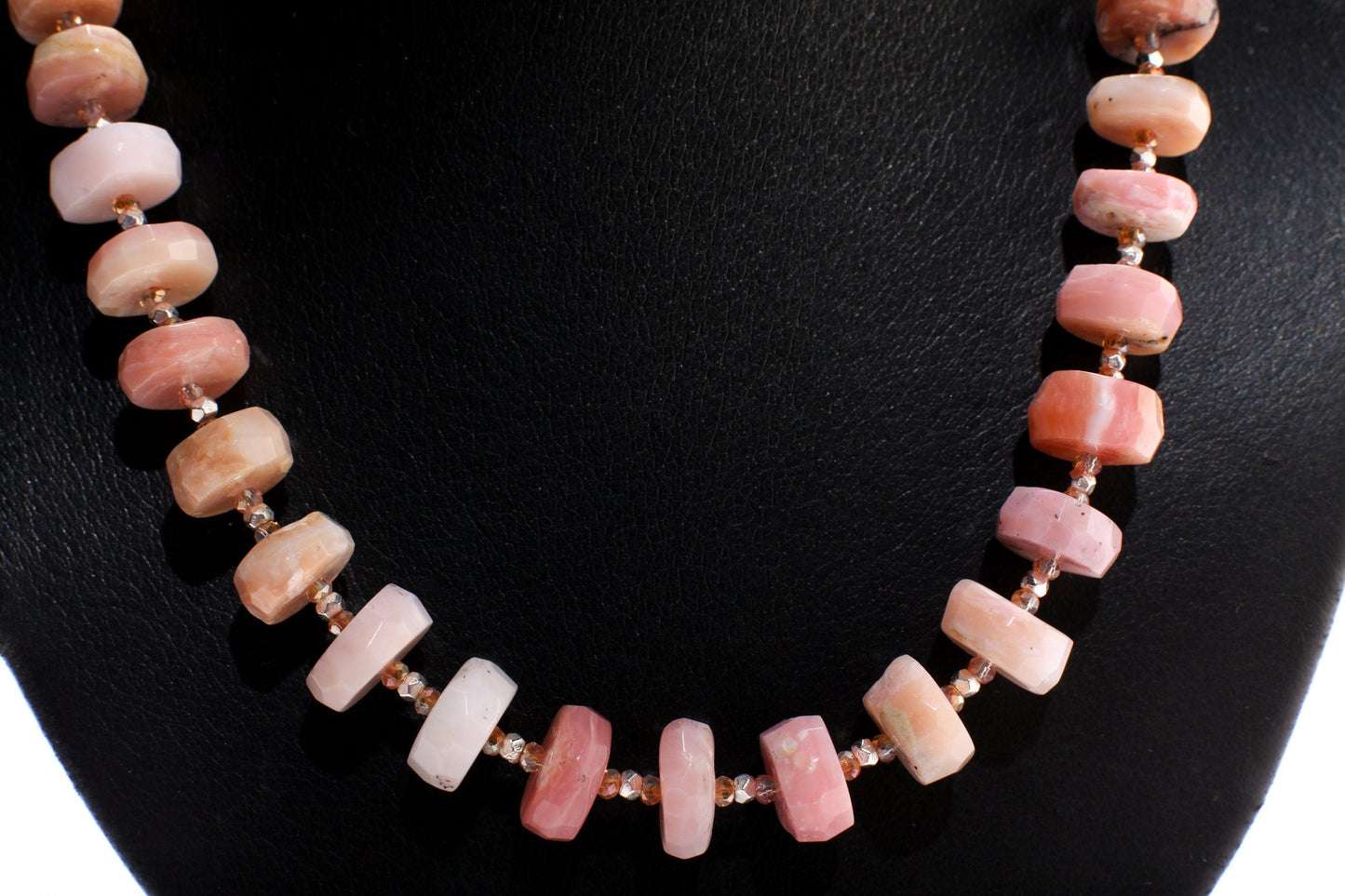 Pink Peruvian Opal Faceted Rondelle,12-14mm tyre shape Natural Gemstone in 925 Sterling Silver 19.5&quot; Necklace and 2&quot; Extension Chain