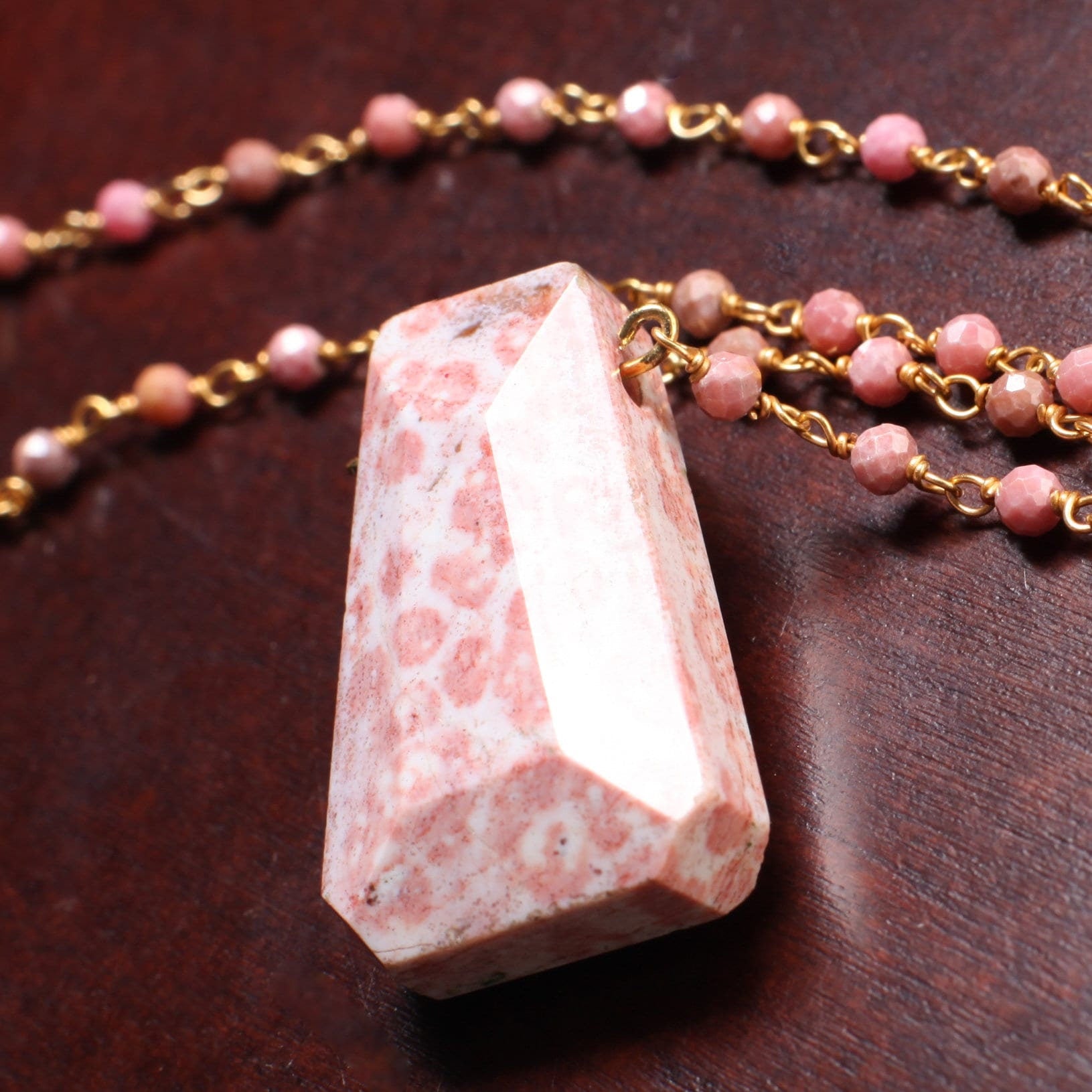 Opal Faceted Trapezoid Gemstone Pendant with Pink Rhodonite Wire Wrapped Gold Chain 20" long Necklace, Natural Gemstone Gift