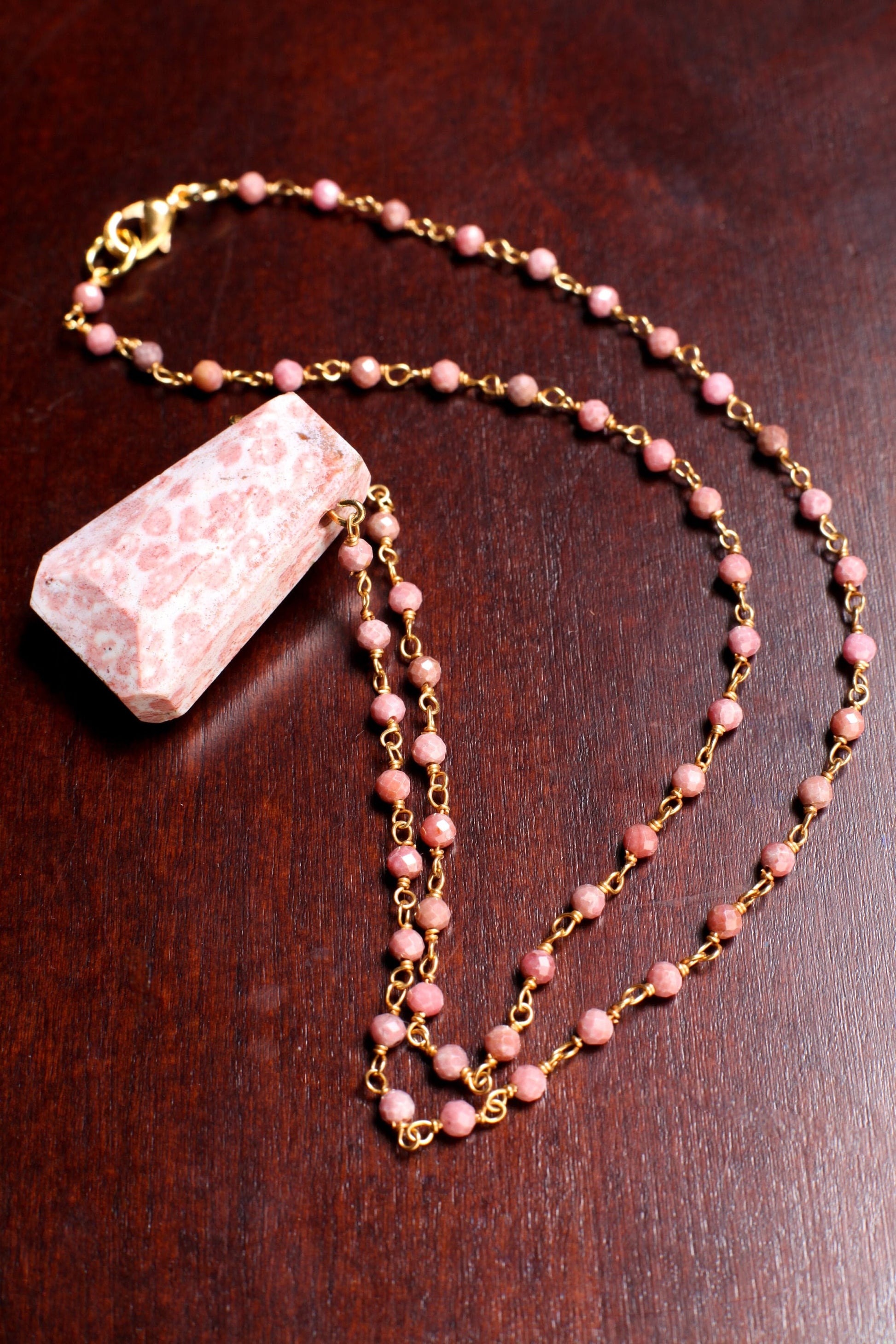 Opal Faceted Trapezoid Gemstone Pendant with Pink Rhodonite Wire Wrapped Gold Chain 20" long Necklace, Natural Gemstone Gift