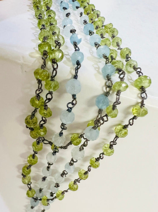 Aquamarine, Peridot 3mm Faceted Wire Wrapped Oxidized Silver Rosary Chain Handmade Necklace, Choker, Layering 14&quot;-36&quot;