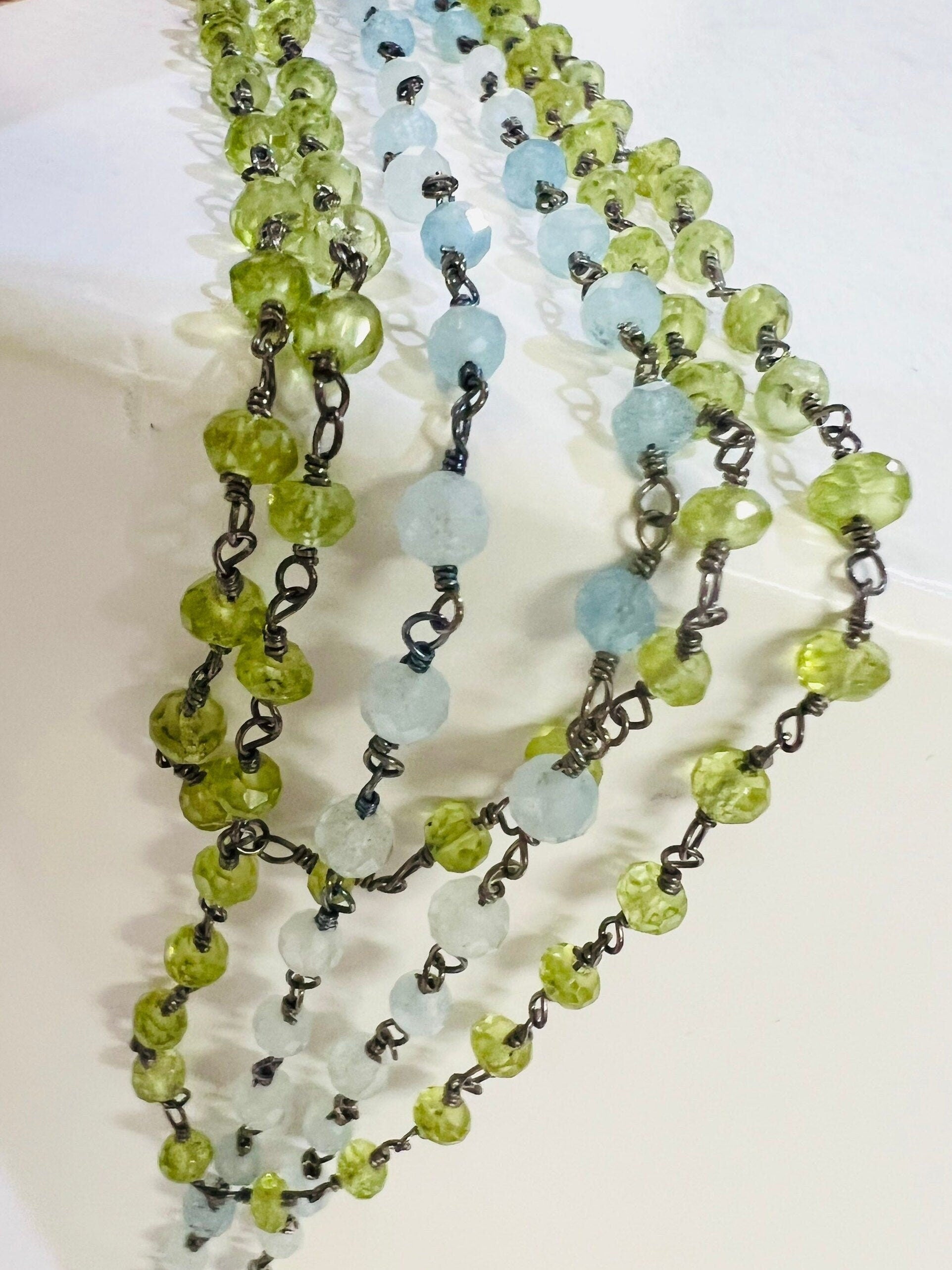 Aquamarine, Peridot 3mm Faceted Wire Wrapped Oxidized Silver Rosary Chain Handmade Necklace, Choker, Layering 14"-36"