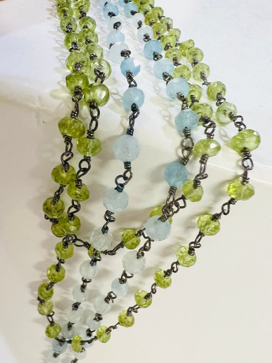 Aquamarine, Peridot 3mm Faceted Wire Wrapped Oxidized Silver Rosary Chain Handmade Necklace, Choker, Layering 14"-36"