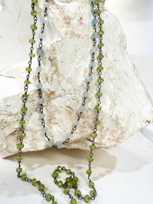 Aquamarine, Peridot 3mm Faceted Wire Wrapped Oxidized Silver Rosary Chain Handmade Necklace, Choker, Layering 14&quot;-36&quot;