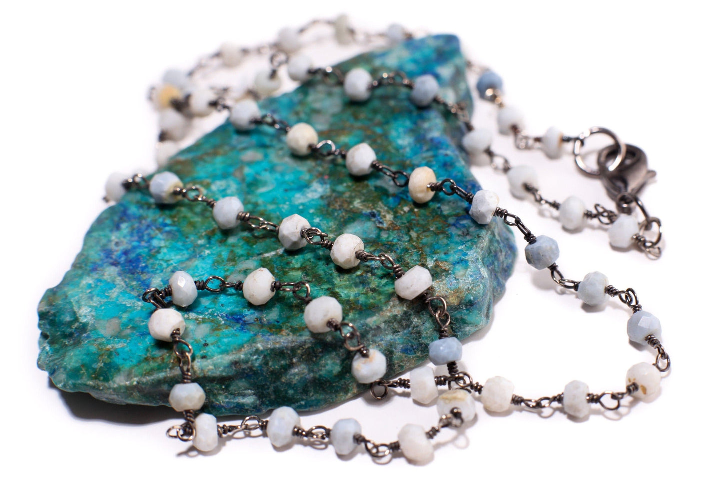 Peruvian Blue Opal, Andean opal, Silver Oxidized Faceted Natural opal 3-4mm Chain High Quality Layering ,Choker Finished Necklace with Clasp