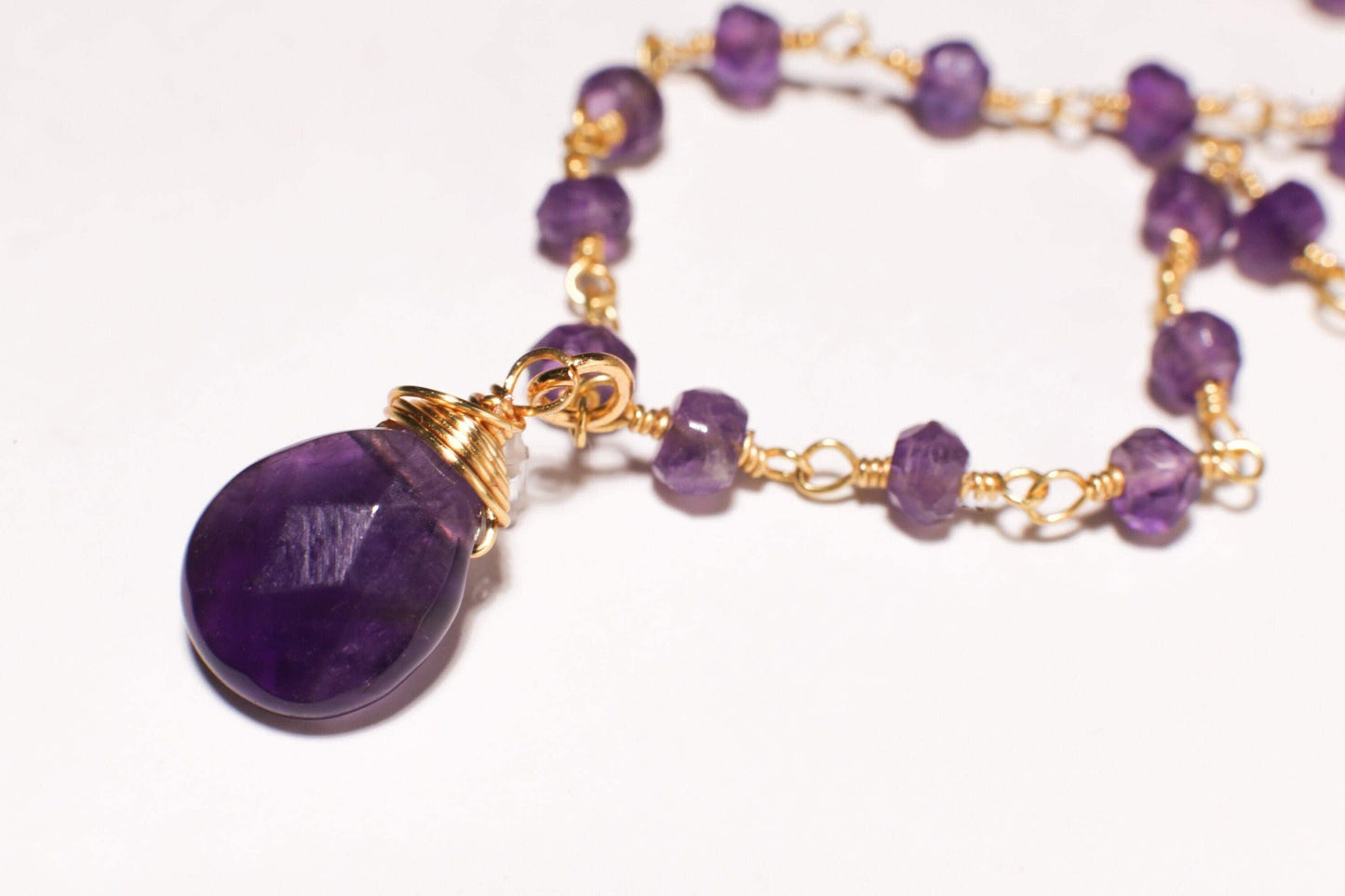Natural Brazilian Amethyst Faceted Wire Wrapped Pear Drop Pendant Necklace with Amethyst Beaded Chain 16"to 24" Necklace, Gift