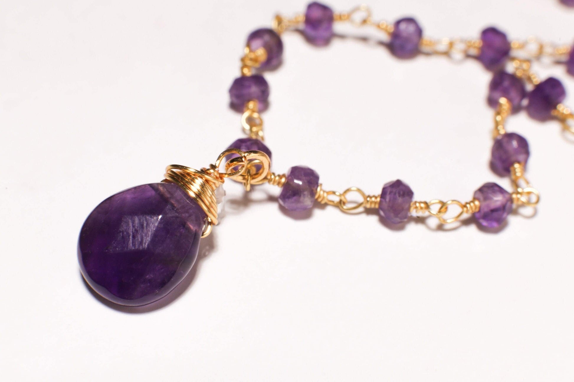 Natural Brazilian Amethyst Faceted Wire Wrapped Pear Drop Pendant Necklace with Amethyst Beaded Chain 16"to 24" Necklace, Gift