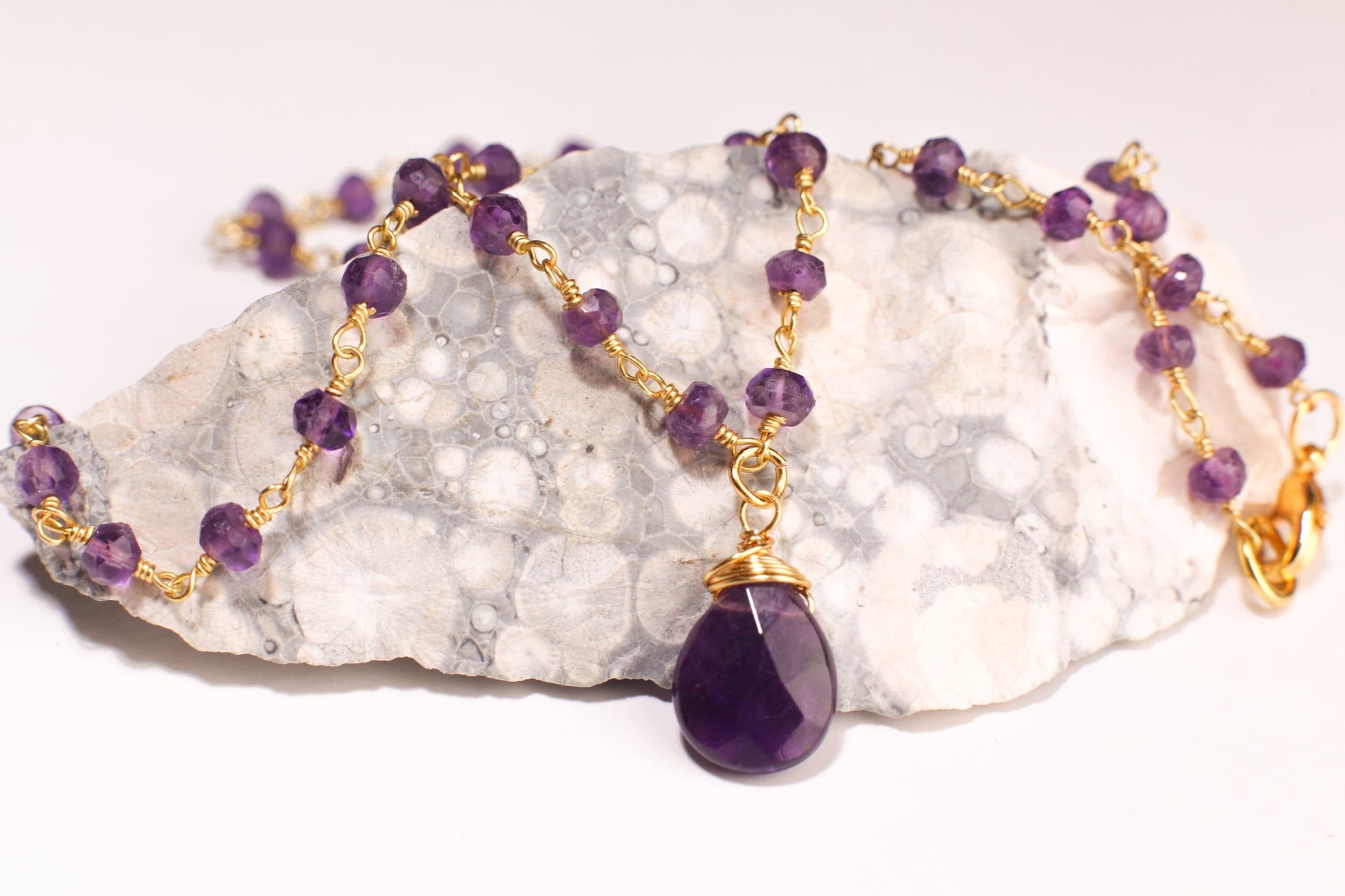 Natural Brazilian Amethyst Faceted Wire Wrapped Pear Drop Pendant Necklace with Amethyst Beaded Chain 16"to 24" Necklace, Gift