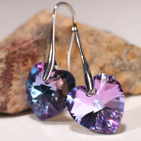 Swarovski Crystal Purple AB Rainbow 14mm Heart rhodium silver Earrings, Valentines girlfriend Gift