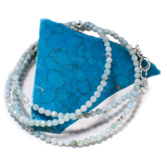 Natural Larimar Faceted 2.5mm Gemstone Choker, Layering Necklace in 925 Sterling Silver Chain and Clasp, Gift, Healing Gem