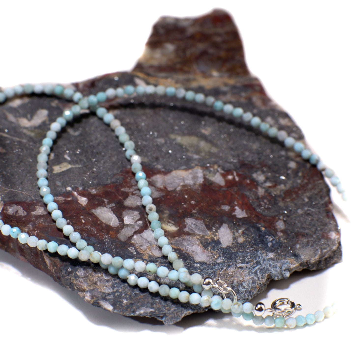 Natural Larimar Faceted 2.5mm Gemstone Choker, Layering Necklace in 925 Sterling Silver Chain and Clasp, Gift, Healing Gem