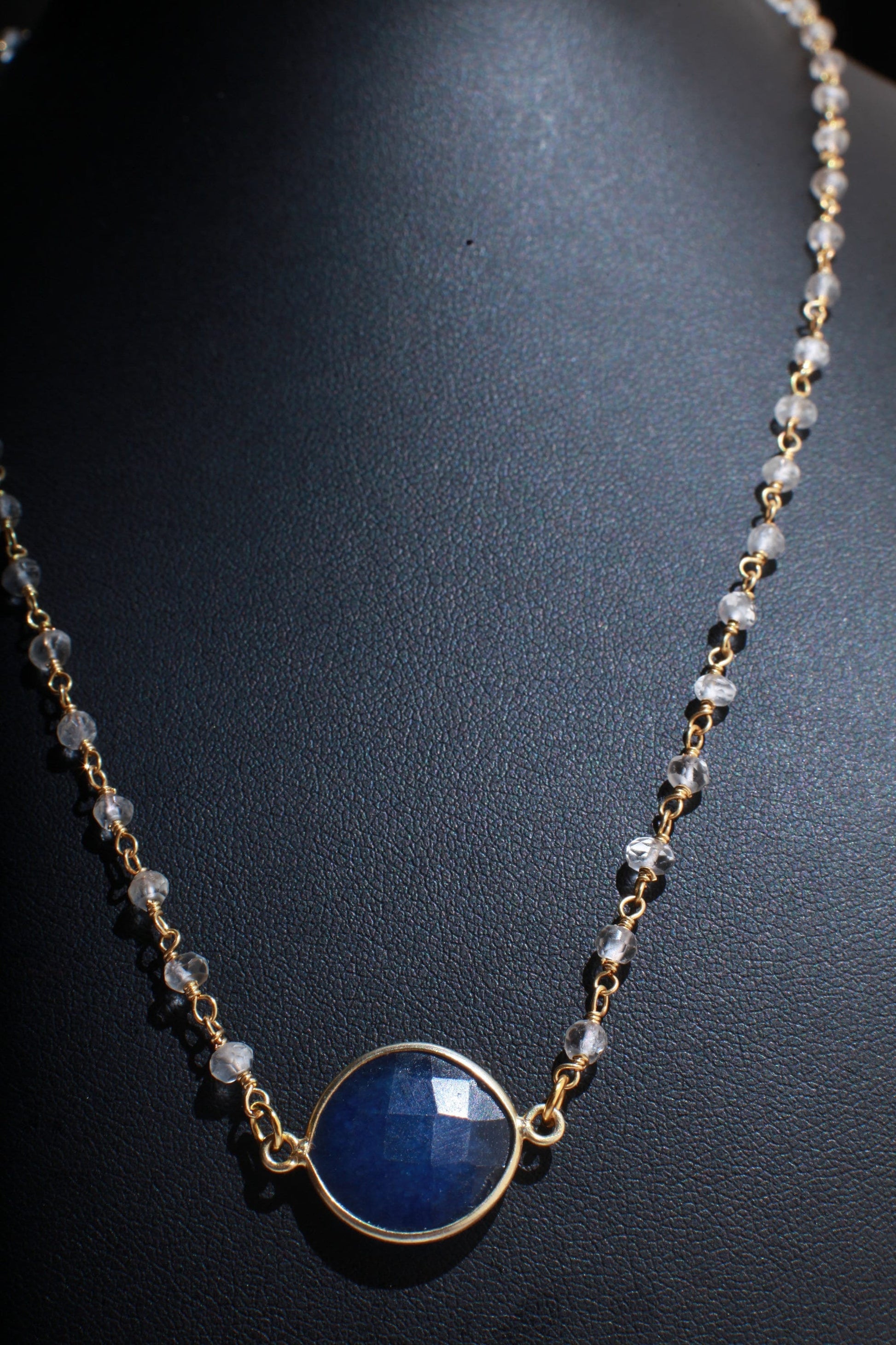 Sapphire Faceted Gold Bezel Pendant Necklace with Moonstone Beaded Rosary Chain 16"to 24" Necklace, September Birthstone, Girlfriend Gift
