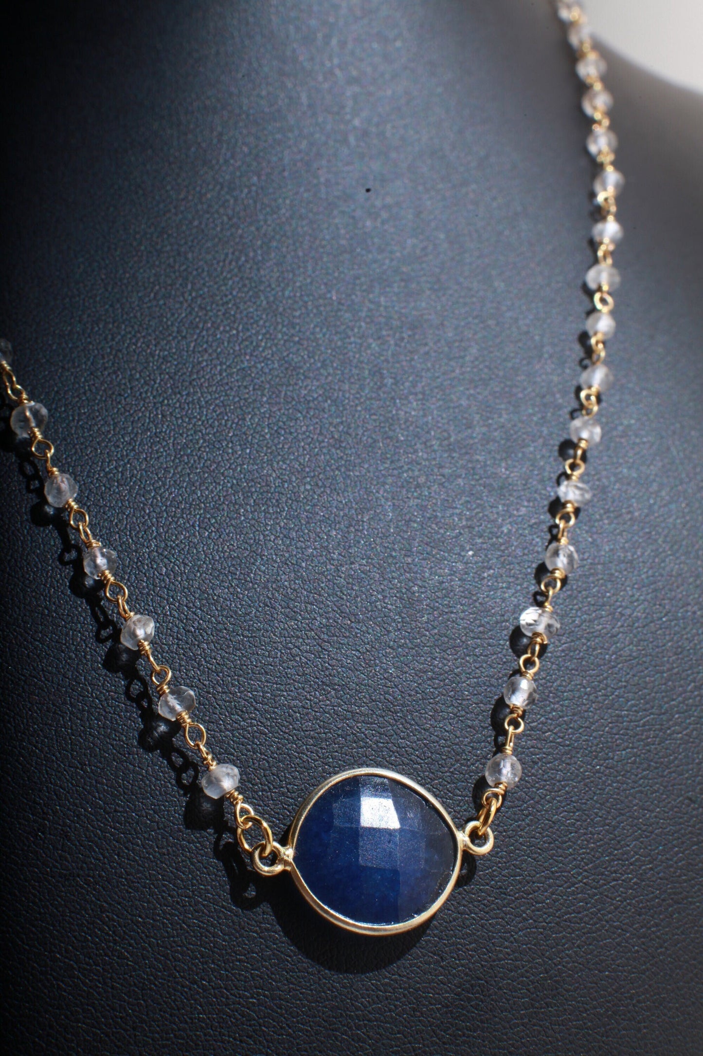 Sapphire Faceted Gold Bezel Pendant Necklace with Moonstone Beaded Rosary Chain 16&quot;to 24&quot; Necklace, September Birthstone, Girlfriend Gift