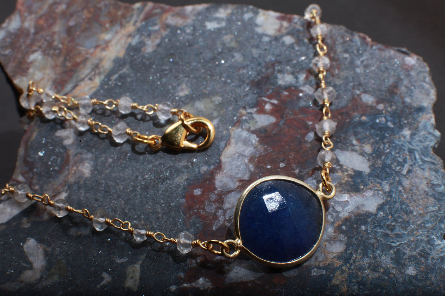 Sapphire Faceted Gold Bezel Pendant Necklace with Moonstone Beaded Rosary Chain 16&quot;to 24&quot; Necklace, September Birthstone, Girlfriend Gift