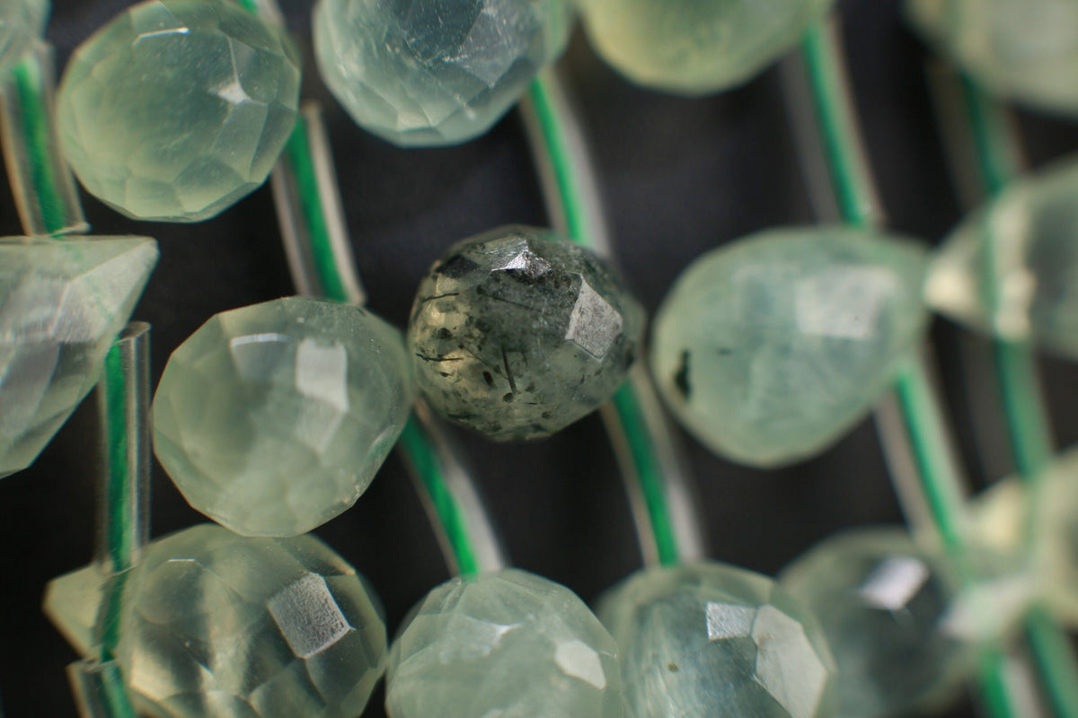 Natural Prehnite,Green Tourmalinated Quartz,Faceted Briolette Drops Shape 6x9mm Gemstones Side Drilled Beads 16" Strands 44Pcs,Single/Bulk