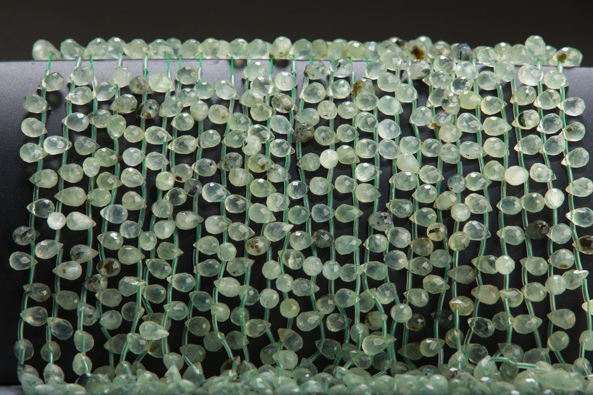 Natural Prehnite,Green Tourmalinated Quartz,Faceted Briolette Drops Shape 6x9mm Gemstones Side Drilled Beads 16" Strands 44Pcs,Single/Bulk