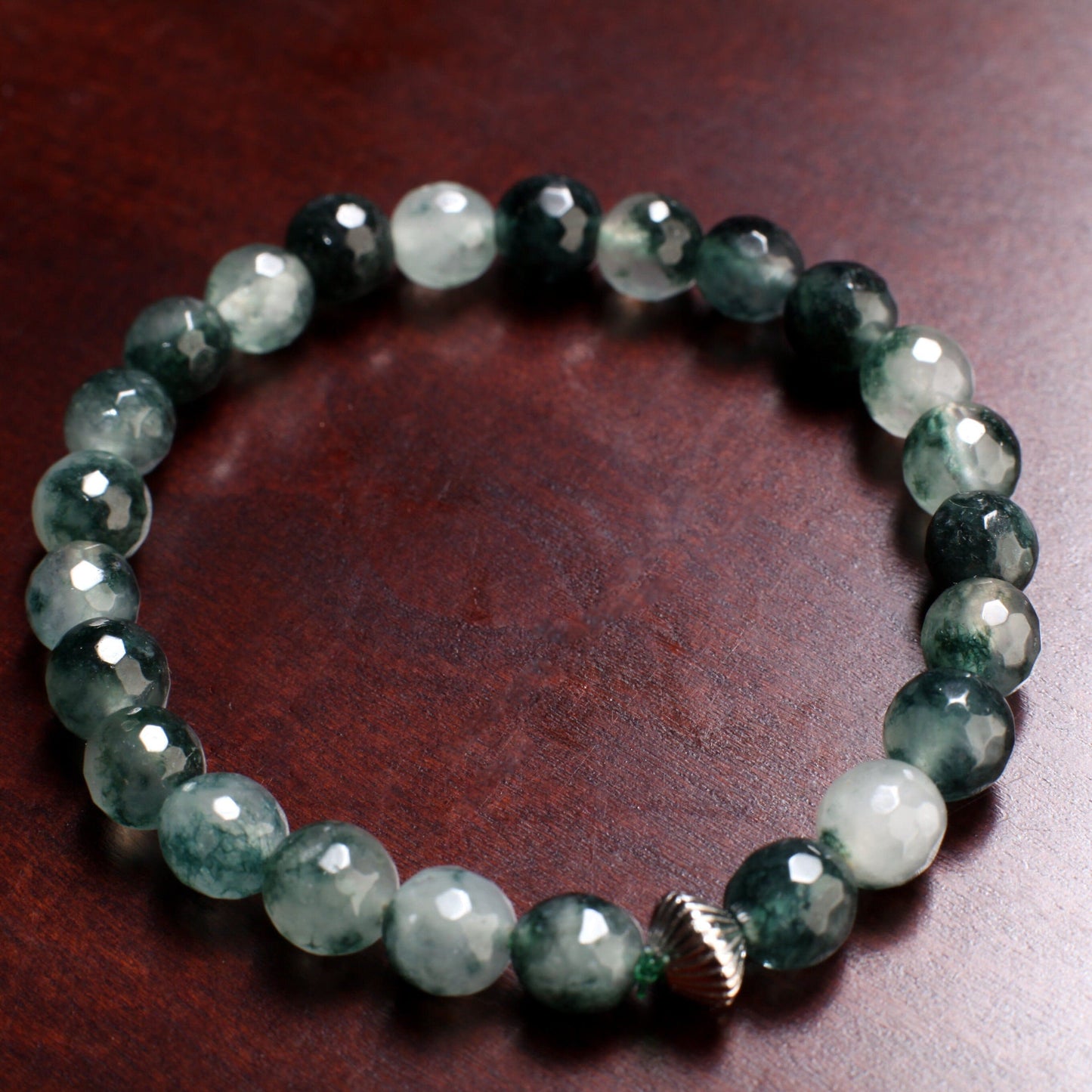 Moss Agate 8mm Faceted Round Natural Gemstone Chakra Stretchy Bracelet. Choice of Bling Rhinestone or Bali Style Rondelle, Man, woman&#39;s gift