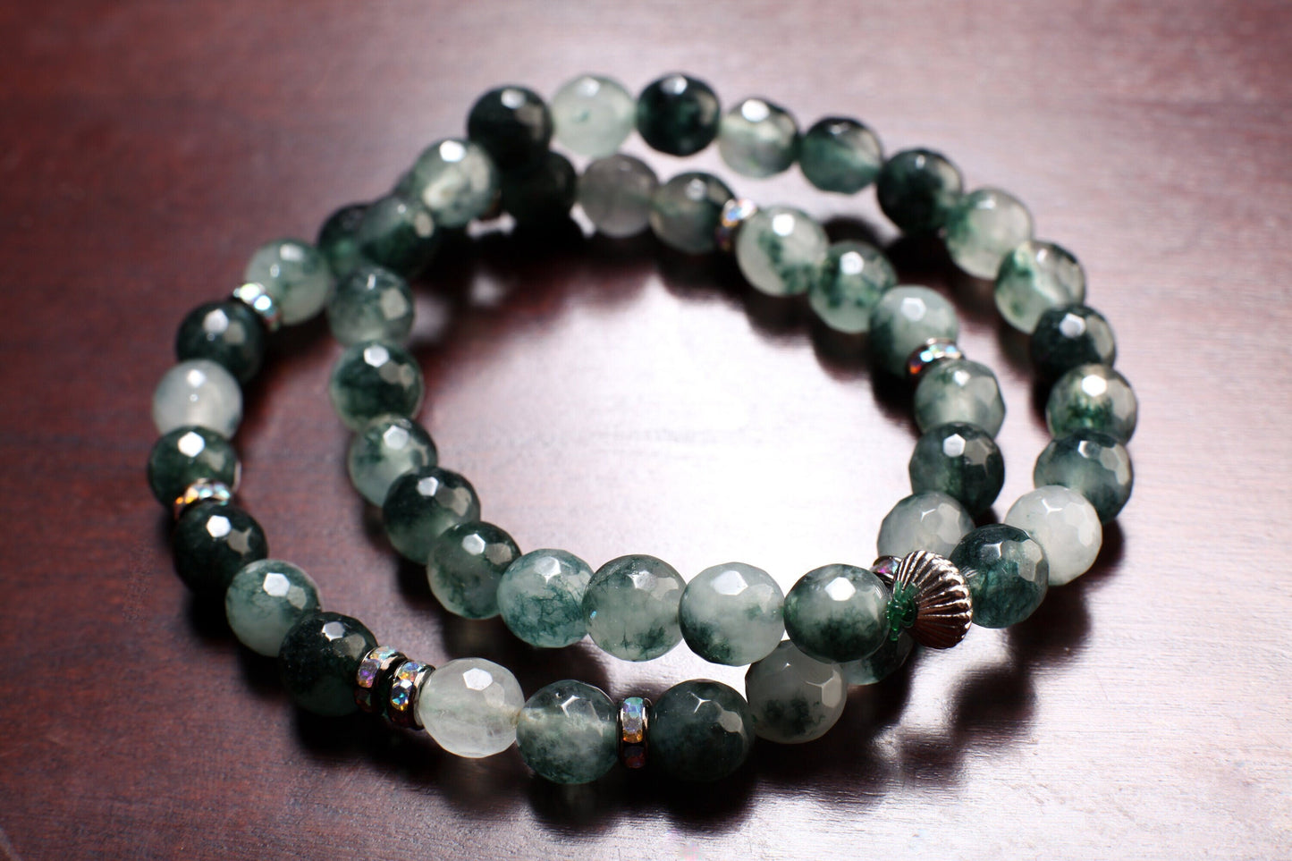 Moss Agate 8mm Faceted Round Natural Gemstone Chakra Stretchy Bracelet. Choice of Bling Rhinestone or Bali Style Rondelle, Man, woman&#39;s gift