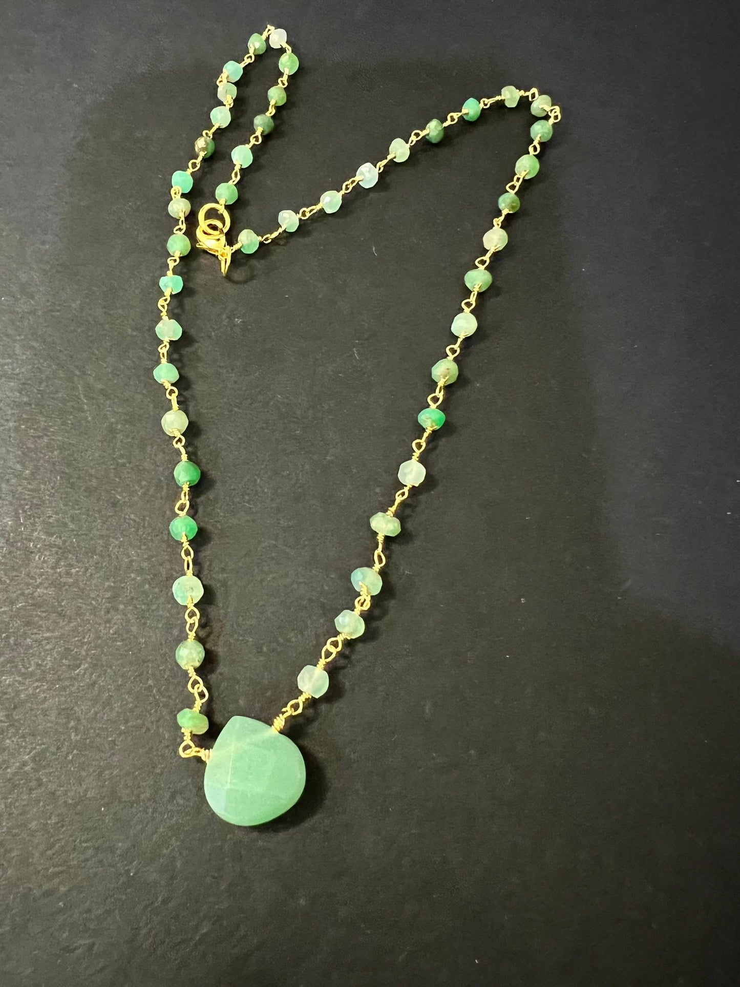Natural chrysoprase Wire Wrapped Rosary Necklace with Natural green Aventurine 12mm heart pendant gold necklace