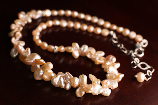 Natural Freshwater Champagne Pink Keshi Pearl, 6mm Freshwater Button Pink, Pearl High Luster Pearl Necklace with 3&quot; Extension, Bridal, Gift