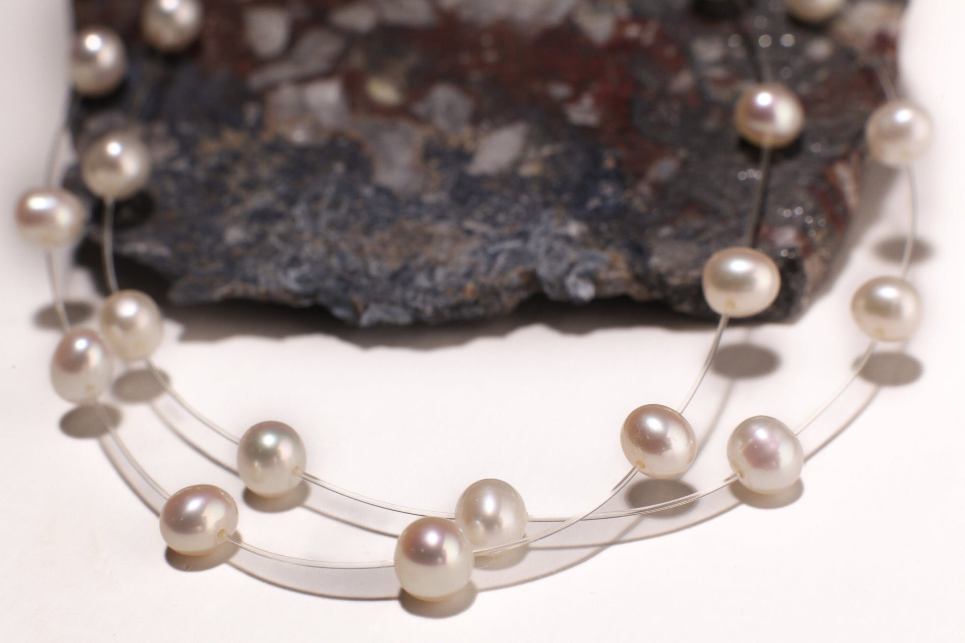 Natural Freshwater Cultured White Pearl 5mm Multi Strand 2 Line Floating Bridal Illusion Necklace 16" Plus 3" Extension, 925 Sterling Silver